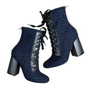 Forever 21 Tweed Lace-up Boots w Zipper  Size 7.5  Blue Metallic  Grandma Boots